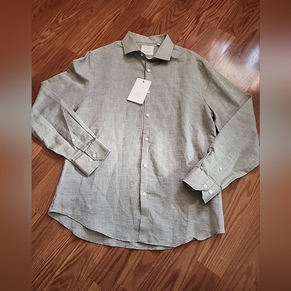 NWT Baird McNutt Murano slim fit linen long sleeve shirt size lg lt green